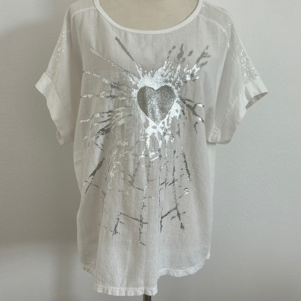 PURE Venice White & Silver Heart Short Sleeve Top